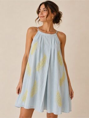 Ciebon Beaded Palm Leaf Swing Dress Sky Blue Resort Vacation Halter L